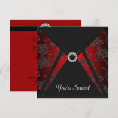 あらゆる行事に使えるブラックダマスクの赤い招待状テンプレート 招待状 (正面/裏面)