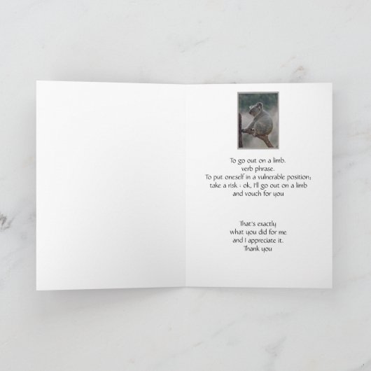 ありがとうおもしろいのコアラは私のために危ない橋を渡ります サンキューカード (内部)