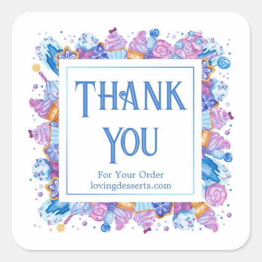 ありがとうおもしろいアイスクリームケーキブルー スクエアシール (正面)