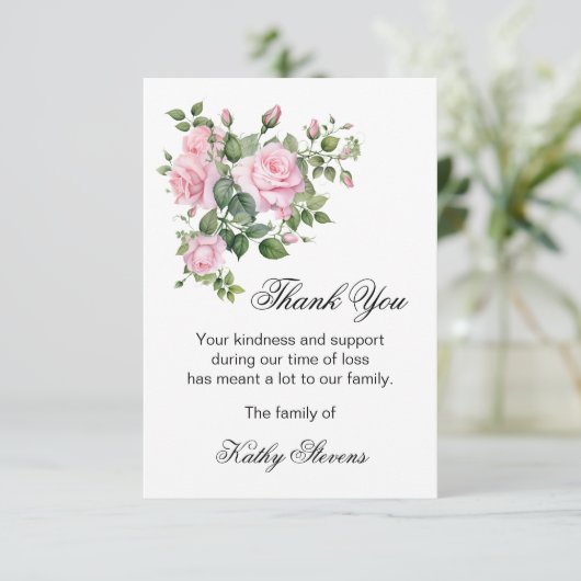 ありがとうお葬式カード、ピンクのバラのノートカード サンキューカード (スタンド正面)