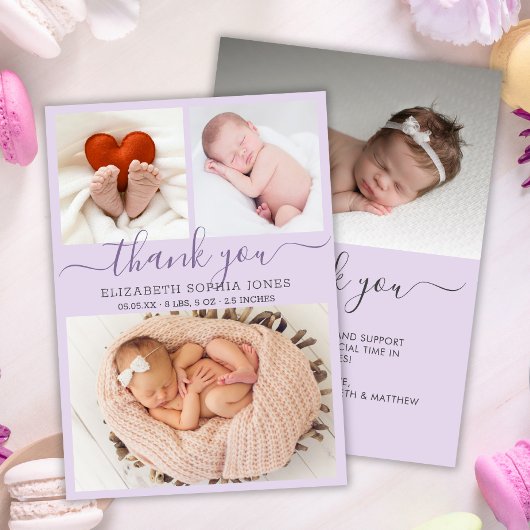 ありがとうお誕生発表薄紫写真コラージュ 案内状