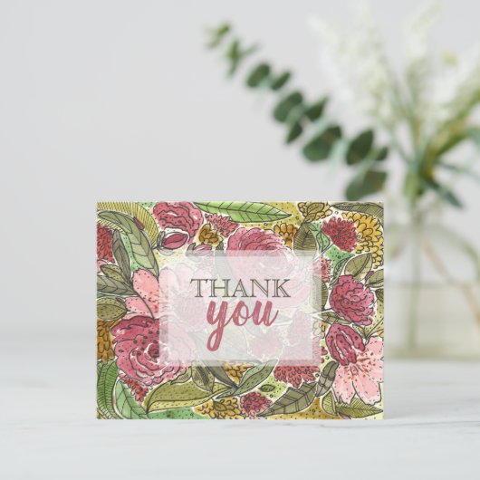 ありがとうかわいらしピンクのフローラ水色 ポストカード (スタンド正面)