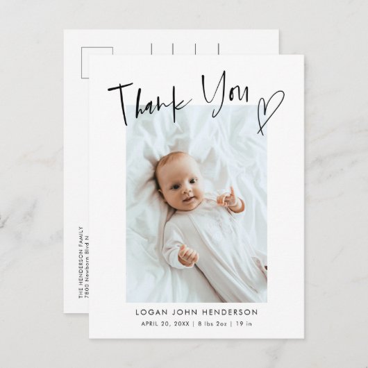 ありがとうございますハートカジュアルスクリプトベビー写真誕生  案内ポストカード (正面/裏面)