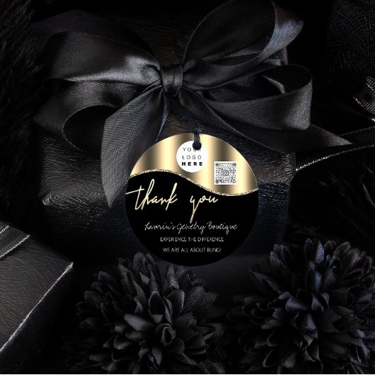 ありがとうございますビジネス名ロゴQrコードゴールデンブラック ラウンドシール