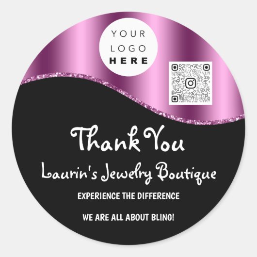 ありがとうございますビジネス名ロゴQrコード紫ブラック ラウンドシール (正面)