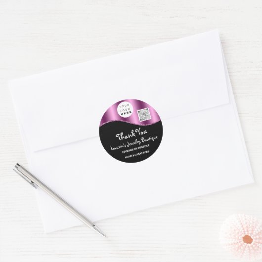 ありがとうございますビジネス名ロゴQrコード紫ブラック ラウンドシール (封筒)