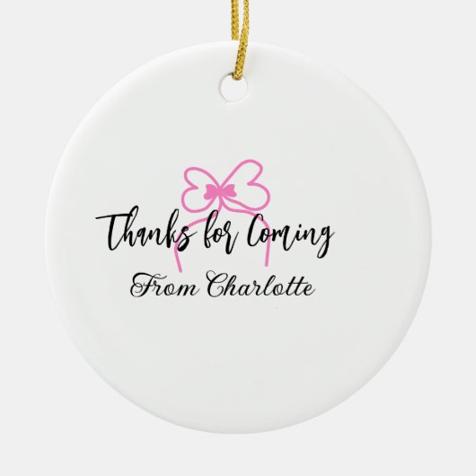 ありがとうございます。名前を追加するテキストメッセージ ピンクのリボン f セラミックオーナメント (正面)