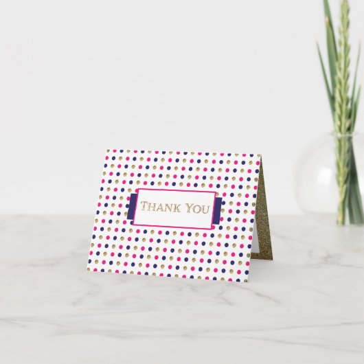 ありがとうございます – 金ゴールド、青、ピンク、白の点 サンキューカード (正面)