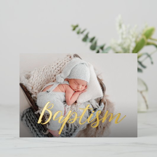 ありがとうごエレガントざいベビー写真バプティススクリプト 箔招待状 (立ち正面)
