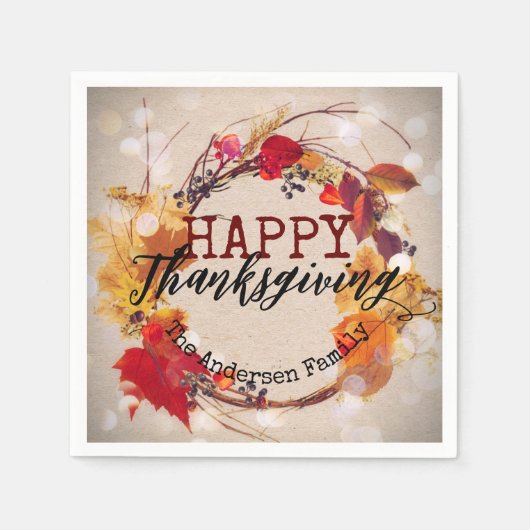 ありがとうと秋のリースが盛り上がる スタンダードカクテルナプキン (正面)