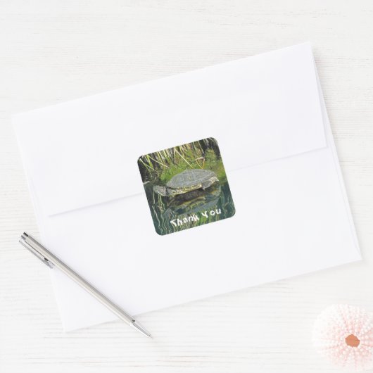 ありがとうウミガメ水反射フォト爬虫類 スクエアシール (封筒)