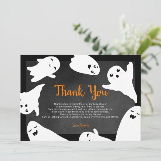 ありがとうオレンジ色の黒ハロウィーン幽霊赤ちゃんシャワー サンキューカード (スタンド正面)