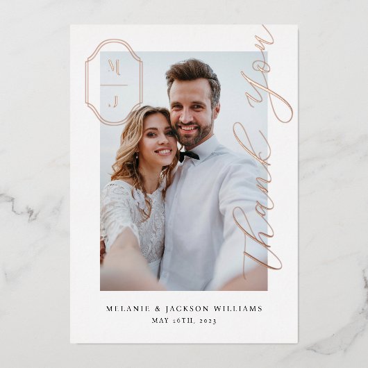 ありがとうカスタムスクリプト結婚Monogramの写真 箔招待状 (正面)