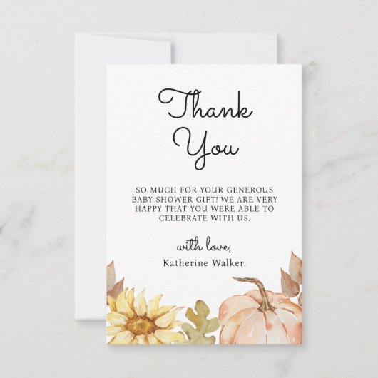 ありがとうカボチャ花の秋の赤ちゃんシャワー サンキューカード (正面)