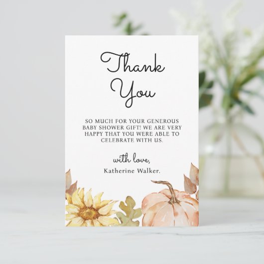ありがとうカボチャ花の秋の赤ちゃんシャワー サンキューカード (スタンド正面)
