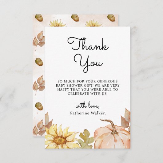 ありがとうカボチャ花の秋の赤ちゃんシャワー サンキューカード (正面/裏面)