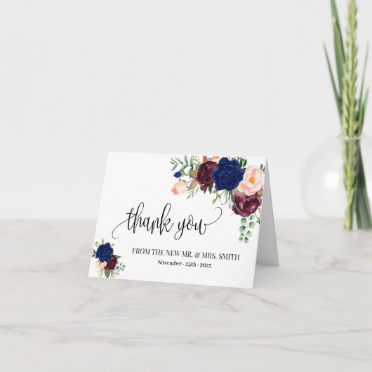 ありがとうカード ボホ ネイビー フラワー ウェディング 折りたたみ サンキューカード (正面)