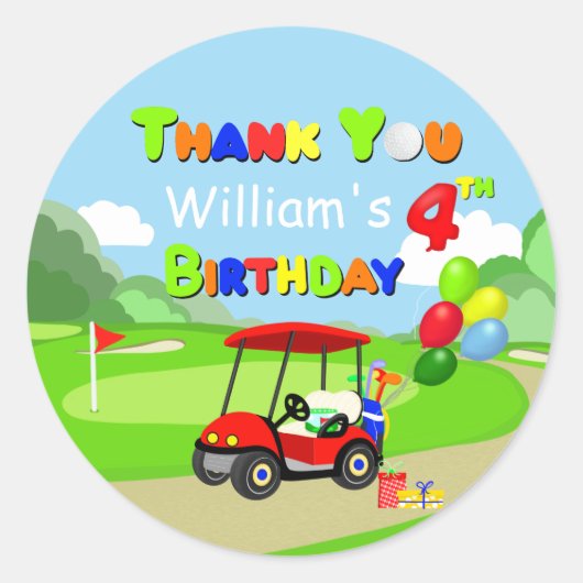 ありがとうキュート4th誕生日レッドゴルフカート少年 ラウンドシール (正面)