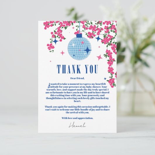 ありがとうギリシャ語Bougainvilleaディスコ赤ちゃんシャワー エンクロージャーカード (スタンド正面)