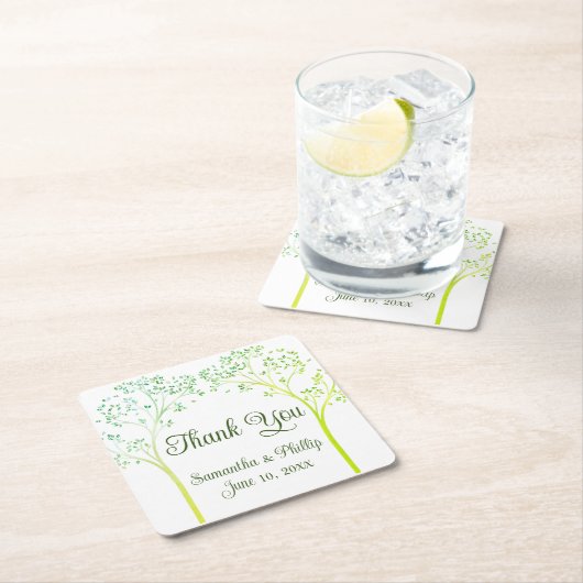 ありがとうコースター結婚式の引き出物グリーンツリー スクエアペーパーコースター (インサイチュ)