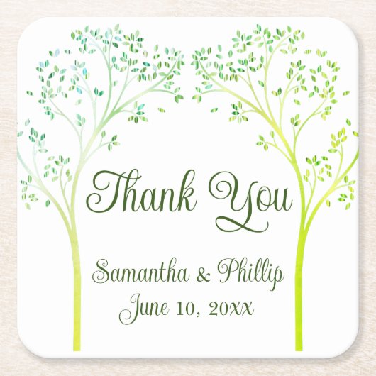 ありがとうコースター結婚式の引き出物グリーンツリー スクエアペーパーコースター (正面)