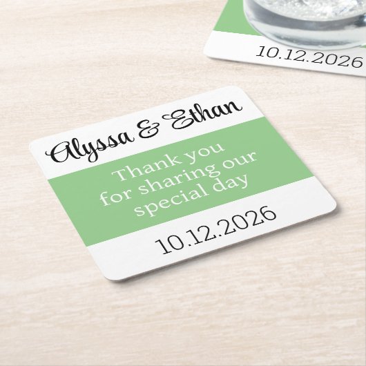 ありがとうコースター結婚式の引き出物グリーンミニマリスト スクエアペーパーコースター (アングル)