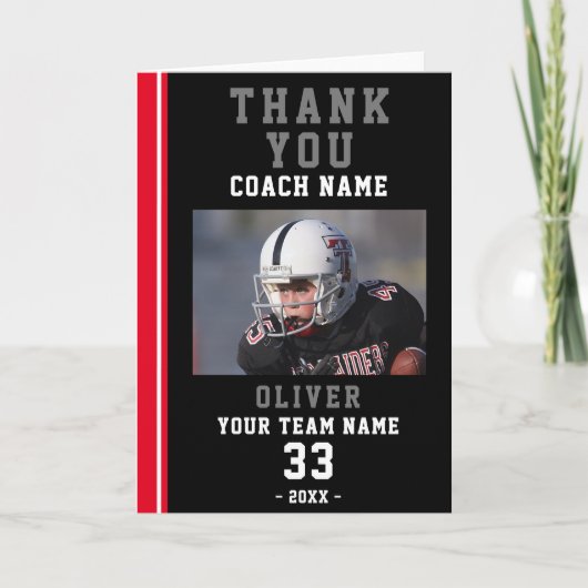 ありがとうコーチ赤サッカー選手のフォトカード サンキューカード (正面)