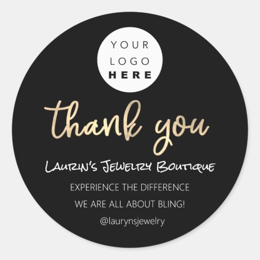 ありがとうショッピング名ロゴQRコードスクリプトブラック ラウンドシール (正面)