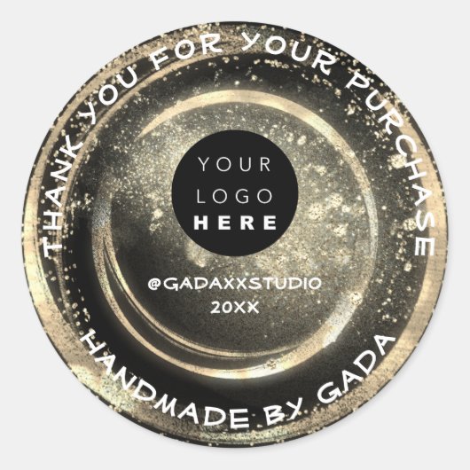 ありがとうショッピング手作りロゴ白黒金ゴールド ラウンドシール (正面)