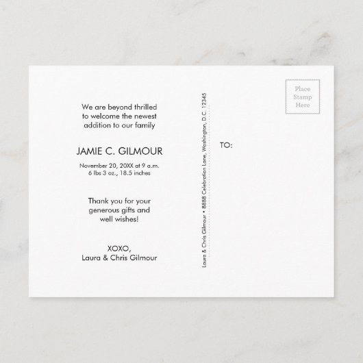 ありがとうスクリプトベビー写真誕生のお知らせ 案内ポストカード (裏面)