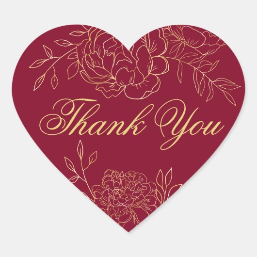ありがとうスクリプトBurgundy赤い金ゴールド輪郭の花 ハートシール (正面)