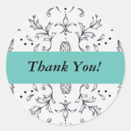 ありがとうステッカーdamaskブラックとティール（緑がかった色） ラウンドシール