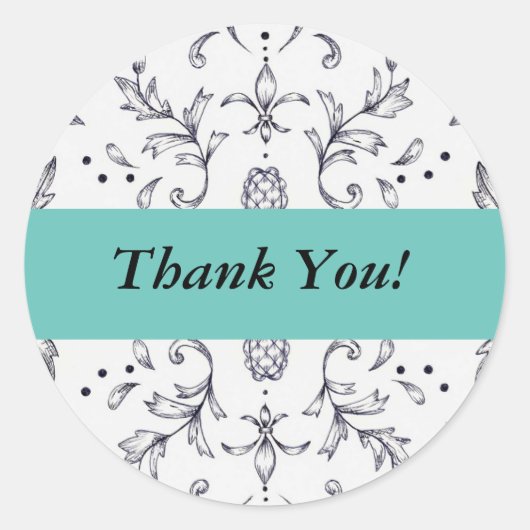 ありがとうステッカーdamaskブラックとティール(緑がかった色) ラウンドシール (正面)