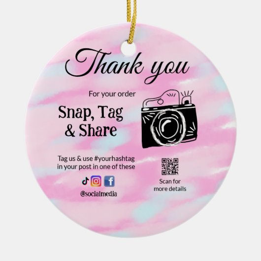 ありがとうスナップラベル共有メディアカメラ追加のソシアル セラミックオーナメント (正面)