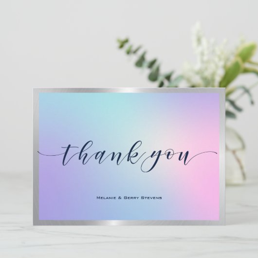 ありがとうタイポグラフィピンクとブルーグラデーション サンキューカード (スタンド正面)