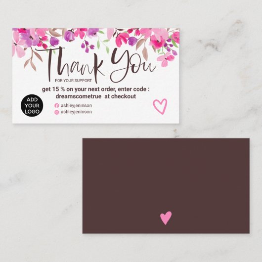 ありがとうタイポグラフィブラシピンクフローラ水色 名刺 (正面/裏面)