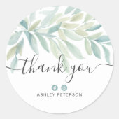 ありがとうタイポグラフィ緑のフローラ水色 ラウンドシール (正面)