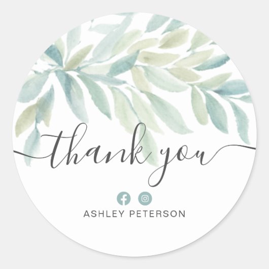 ありがとうタイポグラフィ緑のフローラ水色 ラウンドシール (正面)