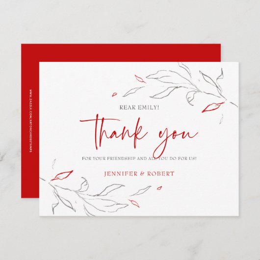 ありがとうタイポグラフィ赤と灰色の花 サンキューカード (正面/裏面)