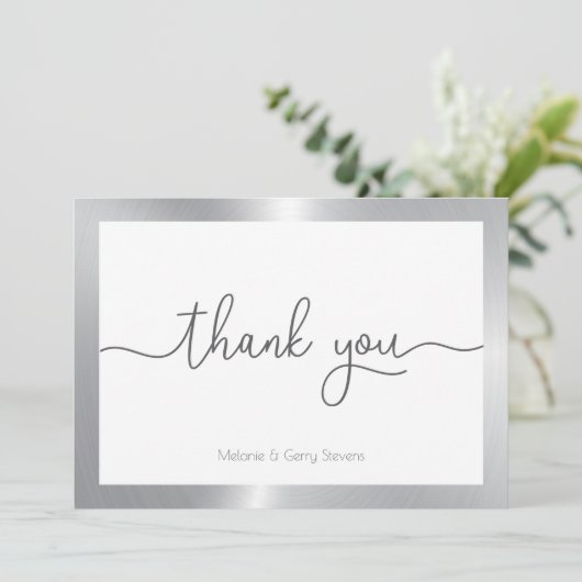 ありがとうタイポグラフィ、シルバー&ホワイト背景 サンキューカード (スタンド正面)