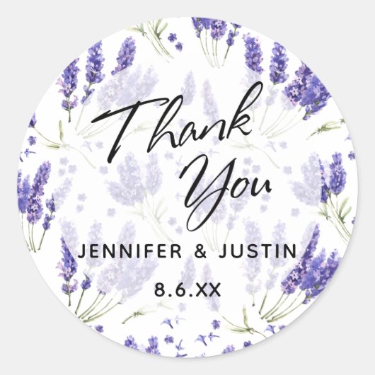 ありがとうタイポグラフィ、水彩ラベンダーの花 ラウンドシール (正面)