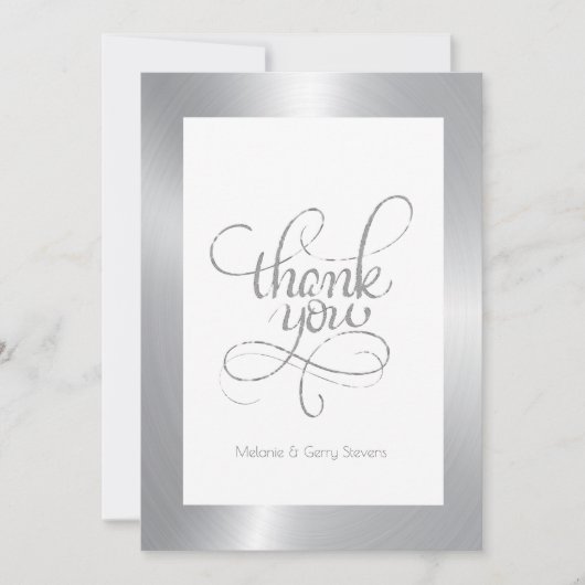 ありがとうタイポグラフィ、白い背景のシルバー サンキューカード (正面)