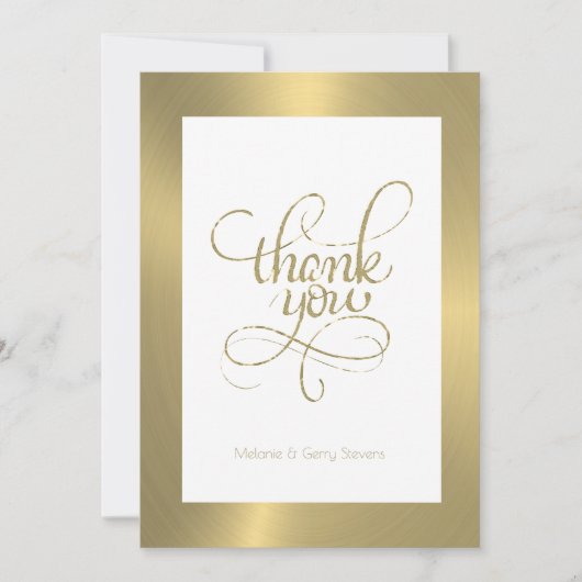 ありがとうタイポグラフィ、白い背景の金ゴールド サンキューカード (正面)