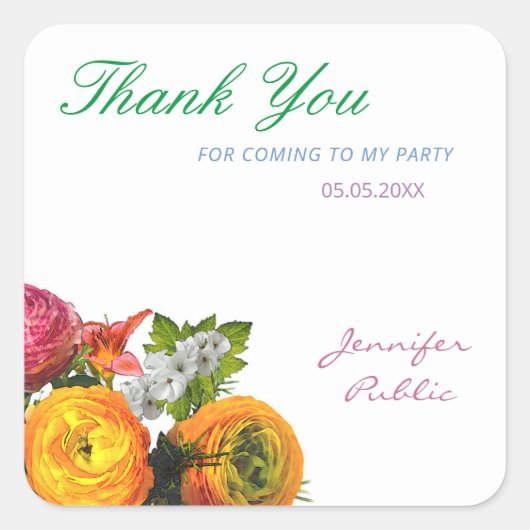 ありがとうテンプレート水彩フラワーズスクリプト スクエアシール (正面)