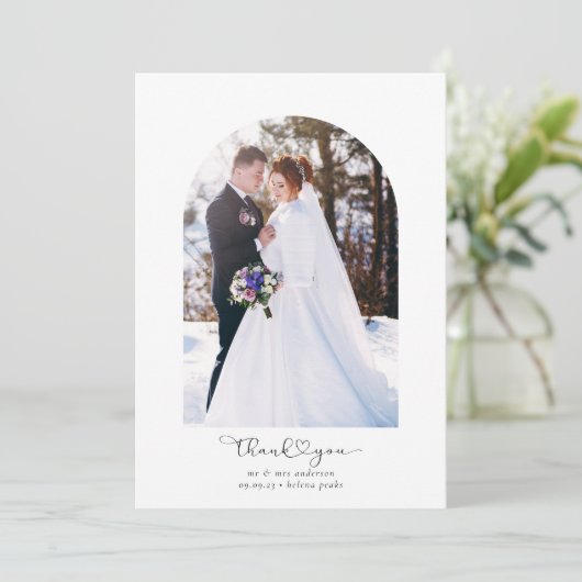 ありがとうハートスクリプトフォトアー結婚チ サンキューカード (スタンド正面)