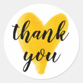 ありがとうハート水色の手のレタリング黄色 ラウンドシール (正面)