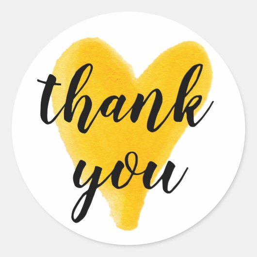 ありがとうハート水色の手のレタリング黄色 ラウンドシール (正面)