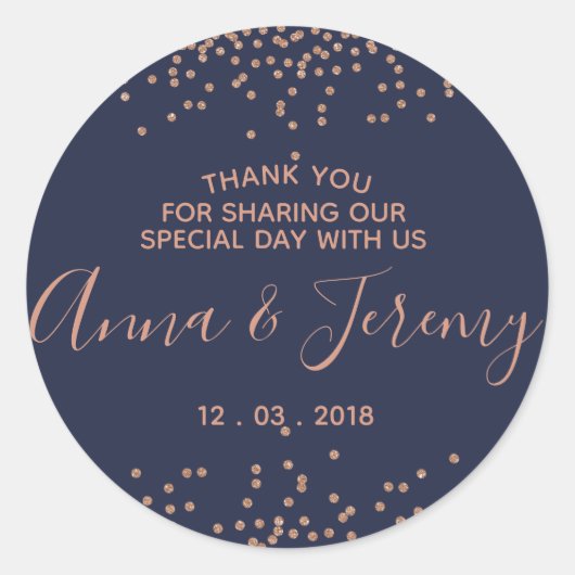 ありがとうバラ金ゴールドとネイビーブルー紙吹雪シール ラウンドシール (正面)