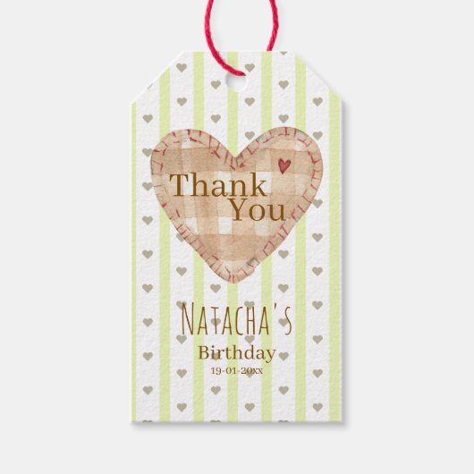 ありがとうパターかわいらしンガーリーハートグリーンブラウン ギフトタグ (正面)