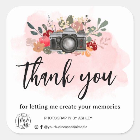 ありがとうフローラウォーターカラーカメラフォトグラファー スクエアシール (正面)